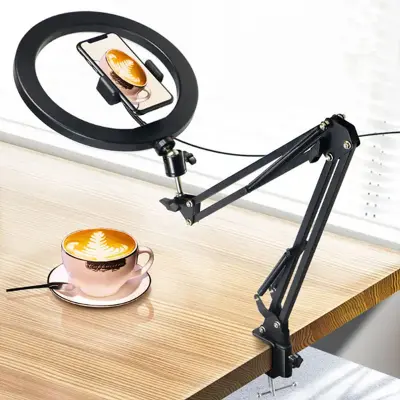 Picture of Overhead Video Stand with 10 inch Ring Light and Phone Mount for Drawing, Cooking Video, Facebook, YouTube Live Streaming Black