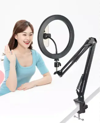 Picture of Overhead Video Stand with 10 inch Ring Light and Phone Mount for Drawing, Cooking Video, Facebook, YouTube Live Streaming Black