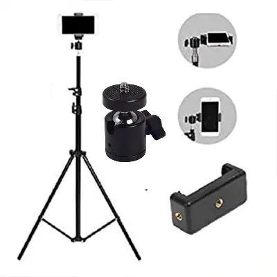 Picture of 6 Feet Tripod Stand with 360 Degree Horizontal and Vertical Rotation Ball Head and Mobile Holder Compatible With Smartphone Black