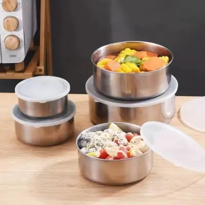 Picture of 5Pcs Set Stainless Steel Lunch Bento Box with Lid Reusable Refrigerator Crisper Bowl Food Storage Container Kitchen Product