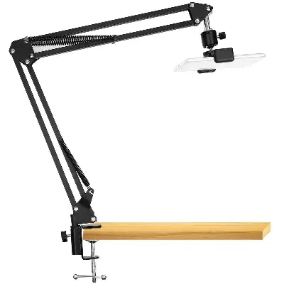 Picture of Overhead Video Stand Phone Holder Articulating Arm Phone Mount Table Top ChromLives Scissor Boom Arm Articulating Phone Stand Tablet Phone Holder for Streaming Phone Black