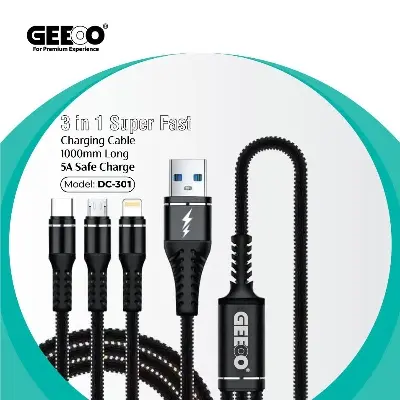 Picture of Geeoo DC-301 Long 3-in-1 Multi Charging Cable From Usb To Micro Type C & Iphone Black