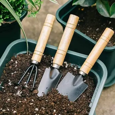 Picture of 3pcs Mini Garden Shovel Rake Spade Erramientas Bonsai Tools Set Wooden Handle For Flowers Potted Plant