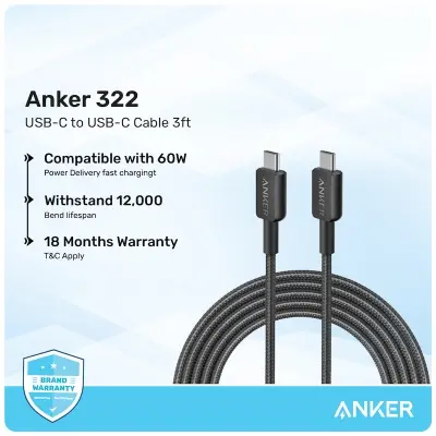 Picture of Anker 322 USB-C To USB-C Fast Charging Cable (3ft) With Durable & High-Speed Charging For Phones, Tablets & Others