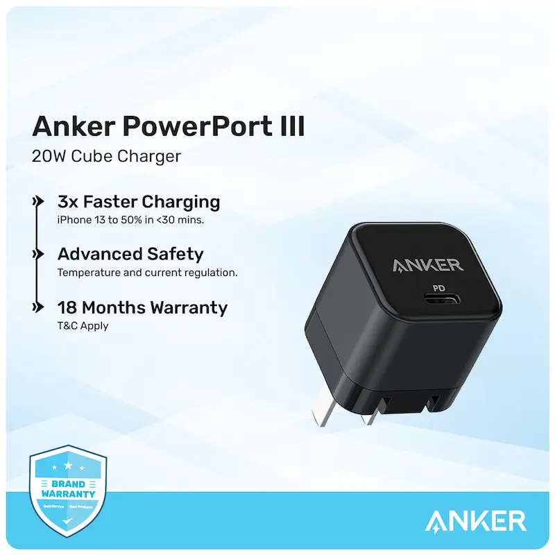 Picture of Anker PowerPort III 20W Cube Fast Charger For Iphone & Others (Cable Not Included)
