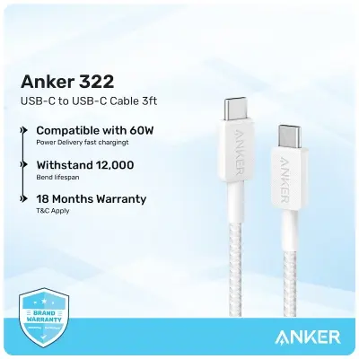 Picture of Anker 322 USB-C To USB-C Fast Charging Cable (3ft) With Durable & High-Speed Charging For Phones, Tablets & Others