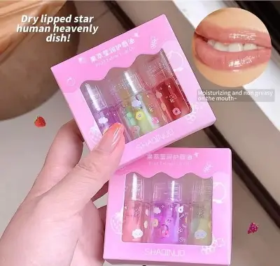 Picture of Shaqinuo 1/3Pcs Fruit Lip Oil Set Transparent Jelly Mirror Water Lip Gloss Nourishing Moisturising Anti-Dry Lips Plumping Makeup Lip Care