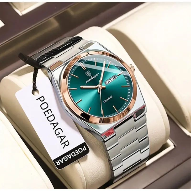 Picture of POEDAGAR Men Gold Green Quartz Stainless Steel Fashion Watch Analog Waterproof Luminous Date Wristwatch 