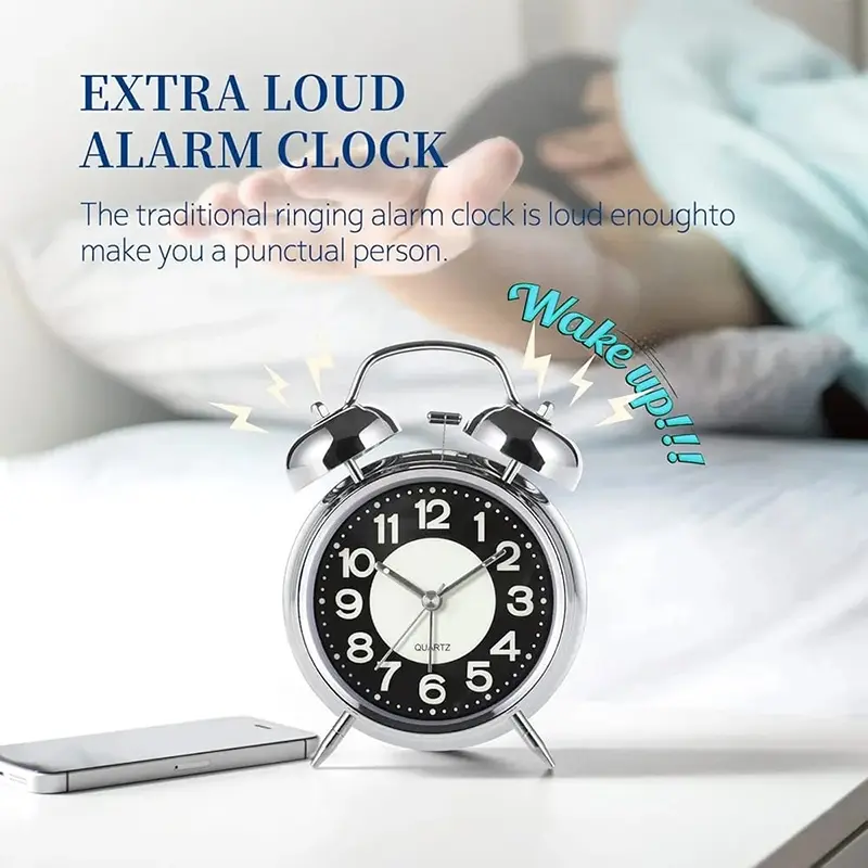 Picture of Silent Twin Bells Desktop For Sleeper Bedside Alarm Clock Extra Loud Bedroom 4 Inches Twin Bell Super Loud Alarm Clock With Nigh