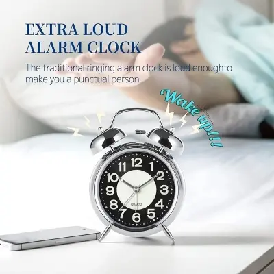 Picture of Silent Twin Bells Desktop For Sleeper Bedside Alarm Clock Extra Loud Bedroom 4 Inches Twin Bell Super Loud Alarm Clock With Nigh
