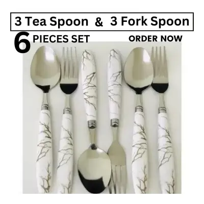Picture of Stainless Steel Tea Spoon And Fork Spoon Set - (Pack of 6) With Ceramic Design Plastic Handel (6 PIECES SET)