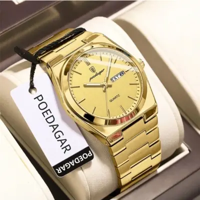 Picture of POEDAGAR Men Gold Green Quartz Stainless Steel Fashion Watch Analog Waterproof Luminous Date Wristwatch 