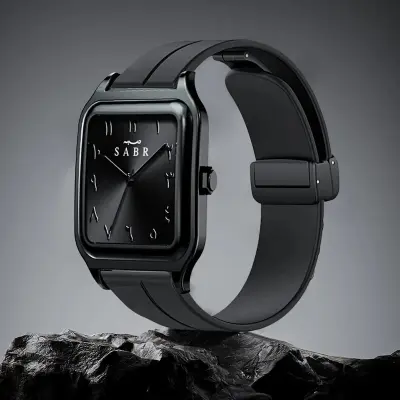 Picture of SABR Premium Square Wrist Watch for Men, Black Arabic Dial, Minimalist Silicone Strap, Date Display, Casual and Formal Wear