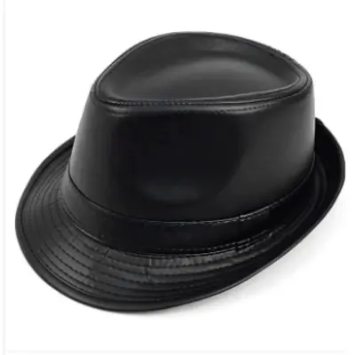 Picture of Men Fedora Hats Fitted Hip-Pop Cap Solid black Leather Hat Wide Fedoras British for Men/Women Caps