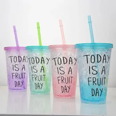 Picture of Coloring Slider Double Wall Insulated Summer Water & Juice Pots Ice Straw Cup for Fruit Juice