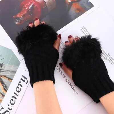 Picture of 1Pair Fashion Women Faux Rabbit Fur Hand Wrist Crochet Knitted Fingerless Gloves Knitting
