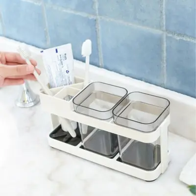 Picture of 2 CUPS With 1 TOOTHBRUSH HOLDER STAND TOOTHPASTE STORAGE RACK REMOVABEL STORAGE ORGANIZER