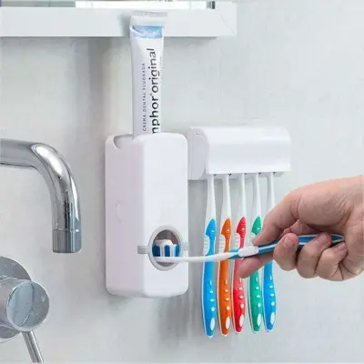 Picture of Suzec Automatic Toothpaste Dispenser and 5 Toothbrush Holder for Home Bathroom, Toothbrush Holder with Wall Mounted Sticker (Multicolor)