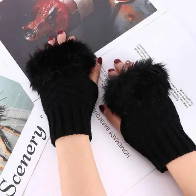 Picture of 1Pair Fashion Women Faux Rabbit Fur Hand Wrist Crochet Knitted Fingerless Gloves Mittens Winter Autumn Warmer