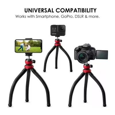 Picture of Flexible Gorillapod Tripod with 360° Rotating Ball Head Tripod for All DSLR Cameras(Max Load 1.5 kgs) & Mobile Phones + Free Heavy Duty Mobile Holder(Black) (12 Inch, Black and Red)