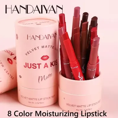 Picture of HANDAIYAN 8 Colors Velvet Matte Lipstick Set Just A Kiss Lipstick Long Lasting Waterproof Non-Stick Cup Lipgloss Red Lips Lip Liner Makeup - Multicolor