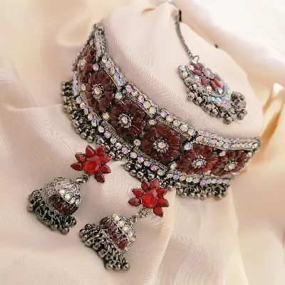 Picture of Indian Necklace Set New Collection High Quality Gold Plated Necklace Set for Women Choker Set(Choker,Earrings,Tikli)