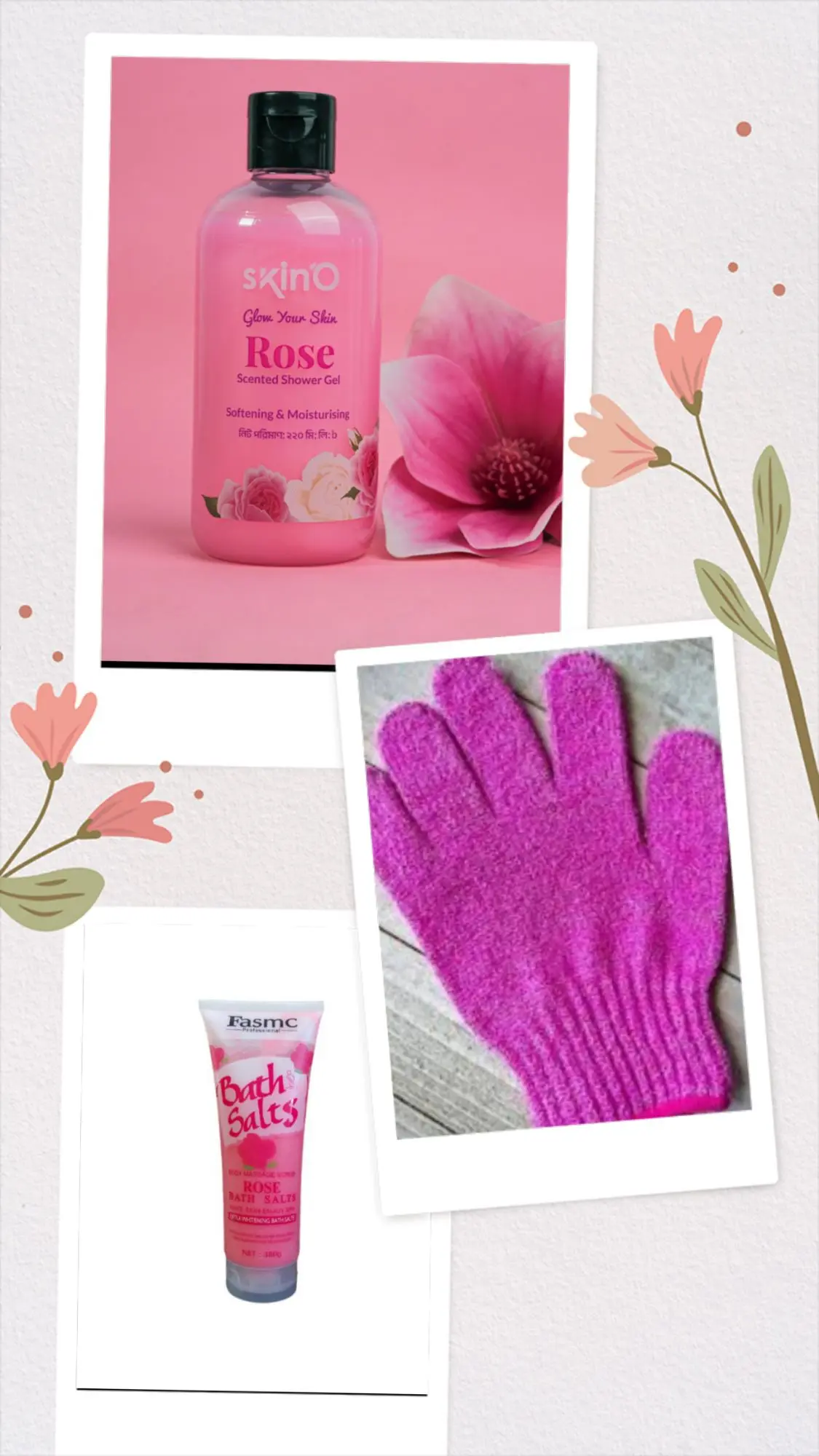 Picture of 3 in 1 Shower Combo Set - Skino Shower gel,Shower Exfoliating Gloves & Bath Salt