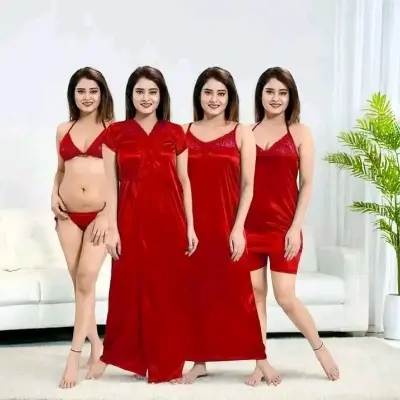 Picture of Women 4 Part Solid Night Dress Nights Set 4
Piece Women's Fashionable Nightware