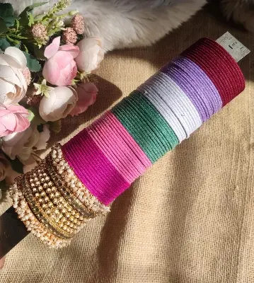 Picture of 1 Box Indian Metal Velvet Churi For Girls-(Gift Package)6 Doson Colorful Churi & Metal Churi Set Combo - Multicolor