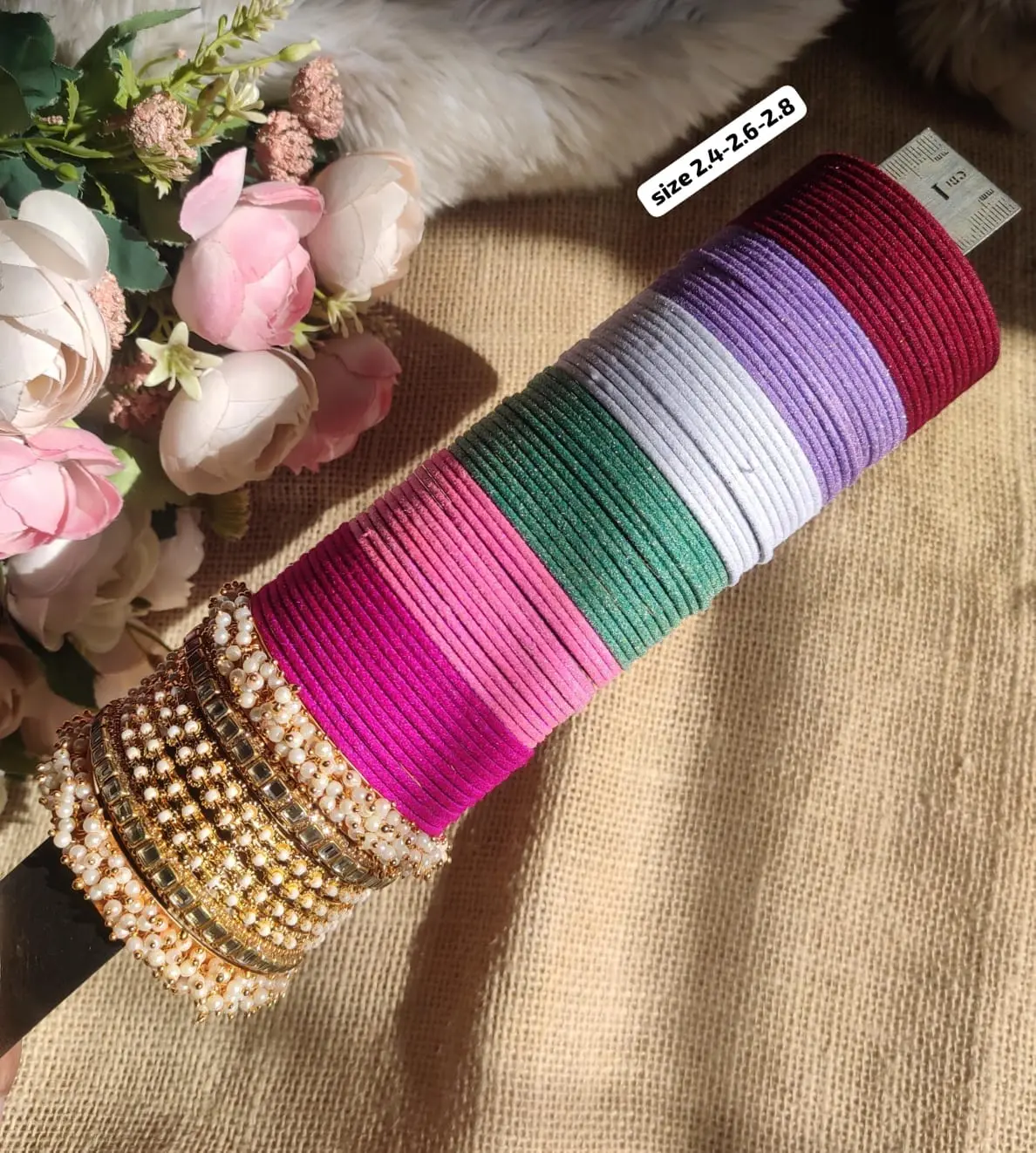 Picture of 1 Box Indian Metal Velvet Churi For Girls-(Gift Package)6 Doson Colorful Churi & Metal Churi Set Combo - Multicolor