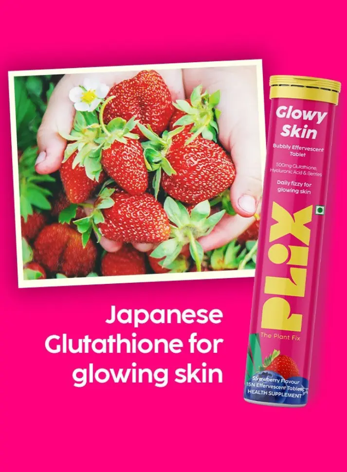 Picture of PLIX THE PLANT FIX Glutathione Tablets
With Vitamin C For Clear And Youthful
Skin (Pack Of 1, Strawberry) | 15 Collagen
Supplements 1500mg L-Glutathione, Vitamin E And Hyaluronic Acid