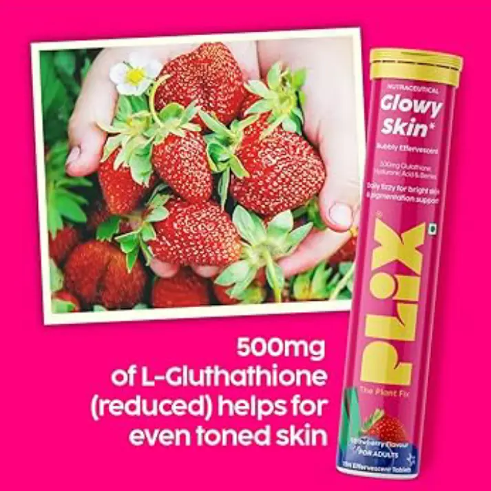 Picture of PLIX THE PLANT FIX Glutathione Tablets
With Vitamin C For Clear And Youthful
Skin (Pack Of 1, Strawberry) | 15 Collagen
Supplements 1500mg L-Glutathione, Vitamin E And Hyaluronic Acid
