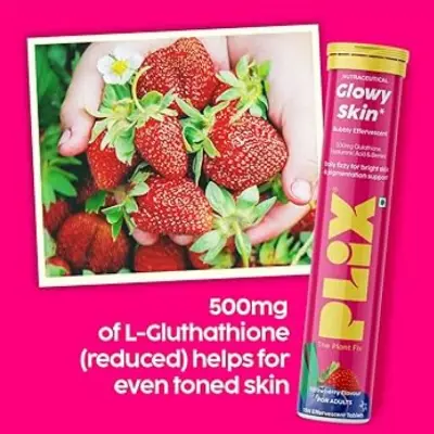Picture of PLIX THE PLANT FIX Glutathione Tablets
With Vitamin C For Clear And Youthful
Skin (Pack Of 1, Strawberry) | 15 Collagen
Supplements 1500mg L-Glutathione, Vitamin E And Hyaluronic Acid