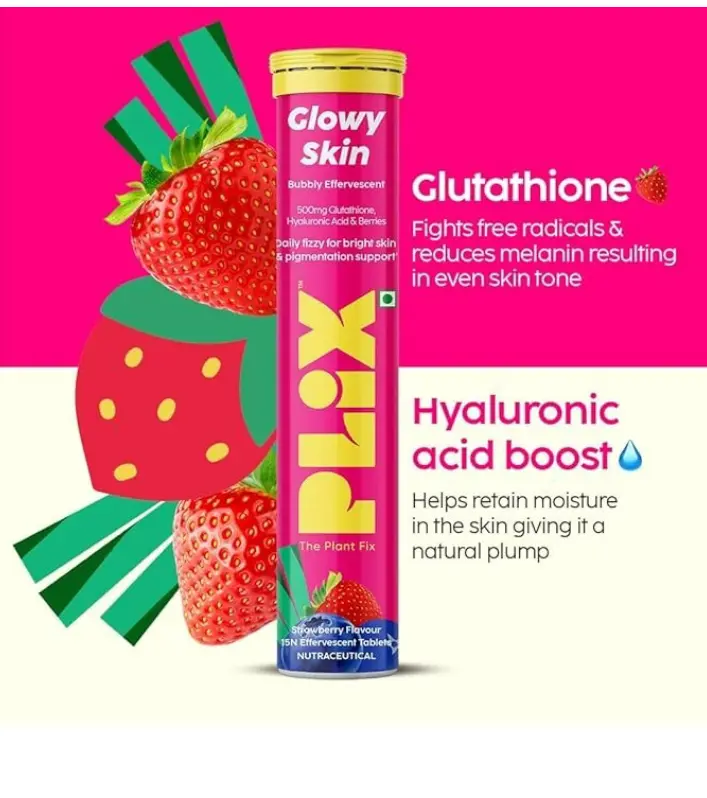 Picture of PLIX THE PLANT FIX Glutathione Tablets
With Vitamin C For Clear And Youthful
Skin (Pack Of 1, Strawberry) | 15 Collagen
Supplements 1500mg L-Glutathione, Vitamin E And Hyaluronic Acid