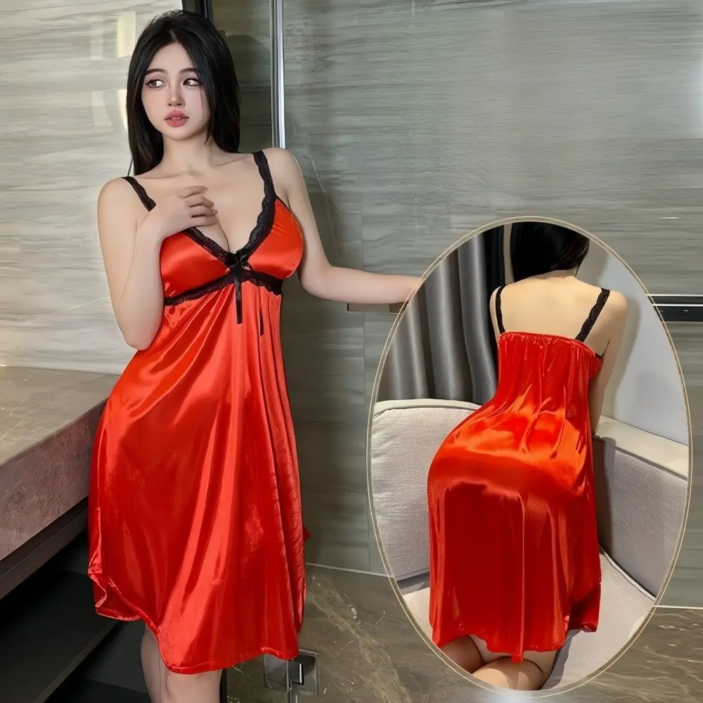 Picture of Luxury Silk Satin Nightwear | Deep V-Neck Lace Trim Cami Nightdress | Elegant Sleepwear Slip Dress for Women - Red