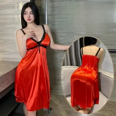 Picture of Luxury Silk Satin Nightwear | Deep V-Neck Lace Trim Cami Nightdress | Elegant Sleepwear Slip Dress for Women - Red