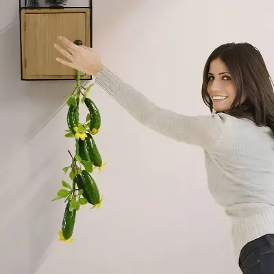 Picture of Fake Cucumber Simulation Cucumber String Artificial Vegetable Fruit String Green Cucumbers with Yellow Flowers for Home Kitchen Farm Party Wall Decoration - Green