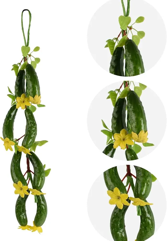 Picture of Fake Cucumber Simulation Cucumber String Artificial Vegetable Fruit String Green Cucumbers with Yellow Flowers for Home Kitchen Farm Party Wall Decoration - Green