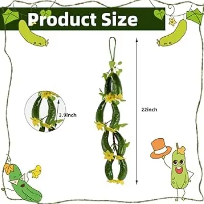 Picture of Fake Cucumber Simulation Cucumber String Artificial Vegetable Fruit String Green Cucumbers with Yellow Flowers for Home Kitchen Farm Party Wall Decoration - Green