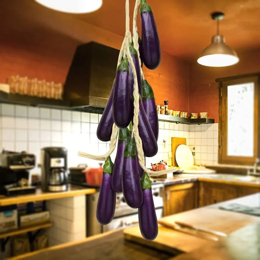 Picture of Simulation Artificial Lifelike Fake Vegetable Carrot Artificial Gourd Hanging Eggplant String Foam Vegetables for Home Kitchen Decor Photography Props - Purple