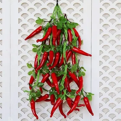 Picture of Artificial Hanging Pepper String Lifelike Fake Chili Peppers Foam Vegetables String for Photography Prop Home Decor (Red) - Red