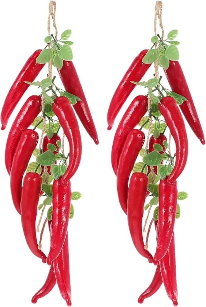 Picture of Artificial Hanging Pepper String Lifelike Fake Chili Peppers Foam Vegetables String for Photography Prop Home Decor (Red) - Red