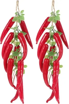 Picture of Artificial Hanging Pepper String Lifelike Fake Chili Peppers Foam Vegetables String for Photography Prop Home Decor (Red) - Red
