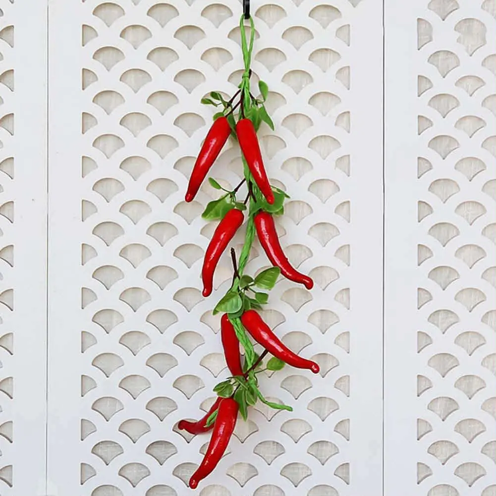 Picture of Artificial Hanging Pepper String Lifelike Fake Chili Peppers Foam Vegetables String for Photography Prop Home Decor (Red) - Red