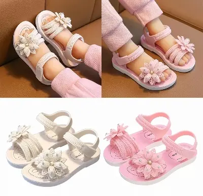 Picture of Girls Flowers Sandals Kids Sweet Princess Shoes for Party Wedding Kids Leather Sandals French Style Chic Summer Fashion 2024 New Casual Non-Slip