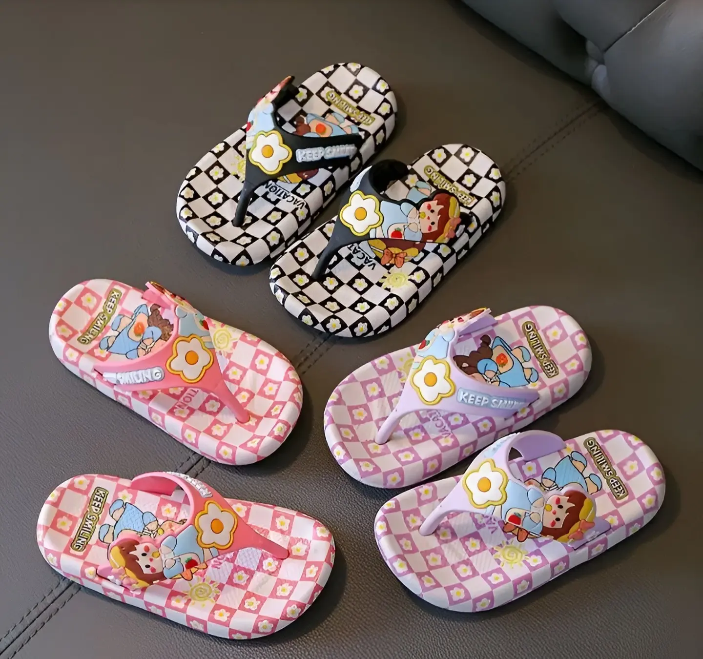 Picture of Children's Flip Flops Girls' Summer New Cartoon Girls' Non-Slip Soft Bottom Indoor Bathroom Baby Beach Slippers  Balck- Purple & Pink