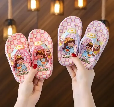Picture of Children's Flip Flops Girls' Summer New Cartoon Girls' Non-Slip Soft Bottom Indoor Bathroom Baby Beach Slippers  Balck- Purple & Pink