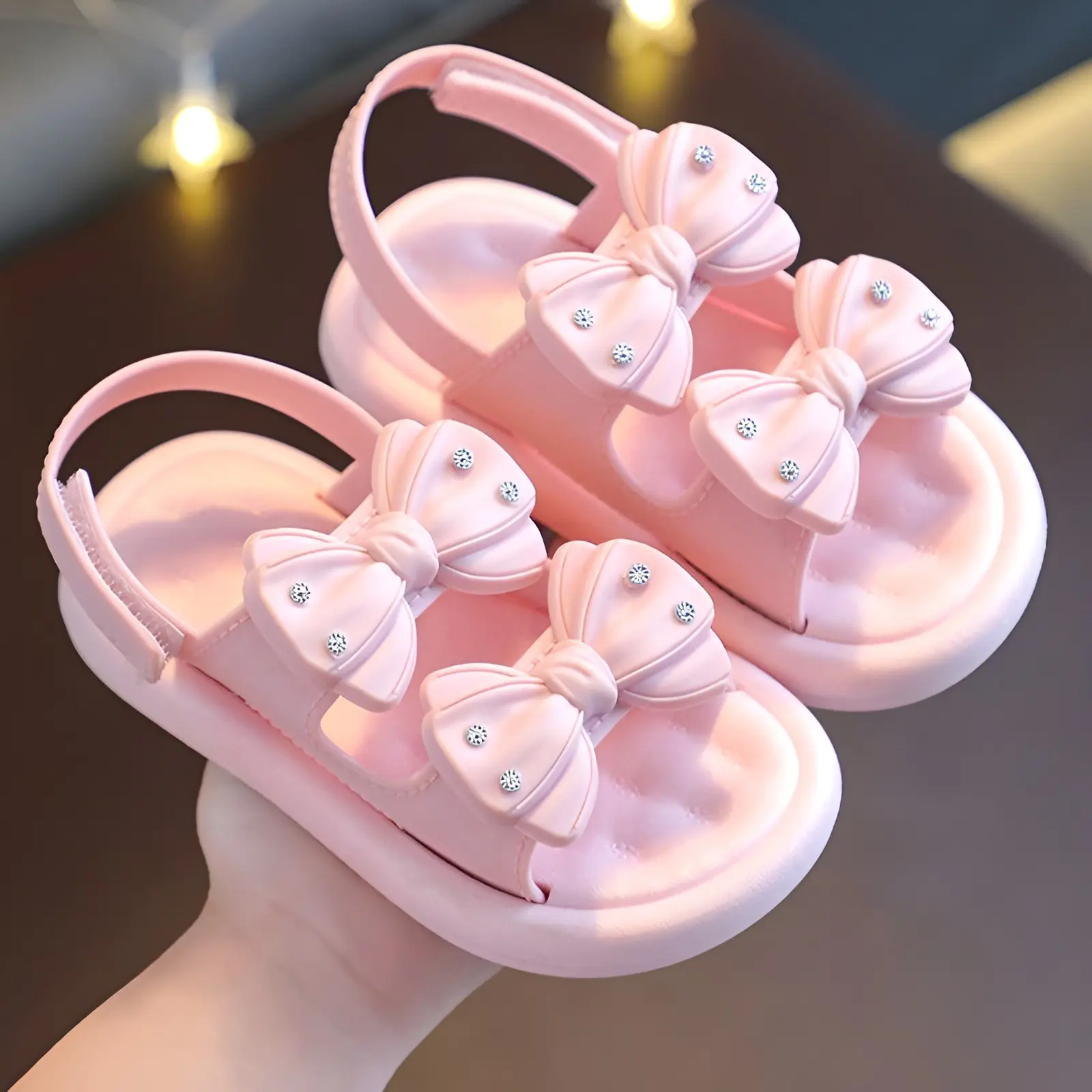 Picture of Ready Stoek kids sandal Double Bow Rhinestone sandal girl shoes soft soul Pink & Off White