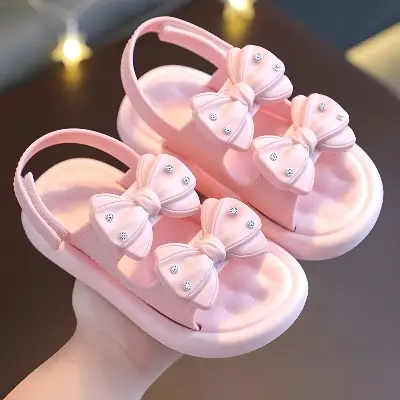 Picture of Ready Stoek kids sandal Double Bow Rhinestone sandal girl shoes soft soul Pink & Off White
