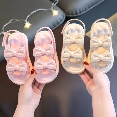 Picture of Ready Stoek kids sandal Double Bow Rhinestone sandal girl shoes soft soul Pink & Off White